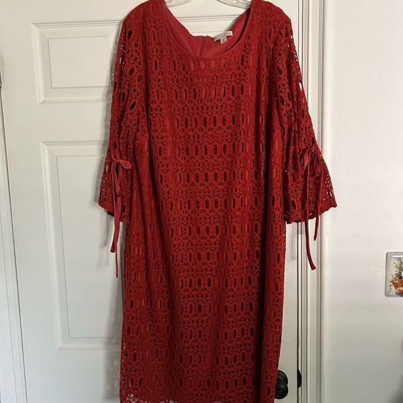 Dress Barn Women's Size 20 Rust Red/Orange Crochet Lace 3/4 Sleeve Dress - Picture 3 of 11